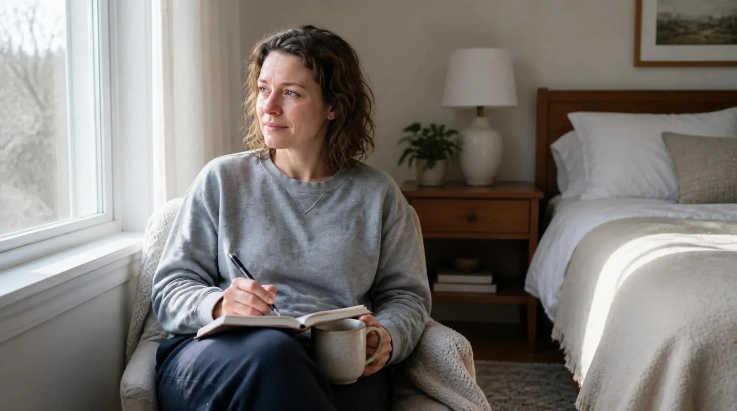 Woman journaling quietly beside a bright window