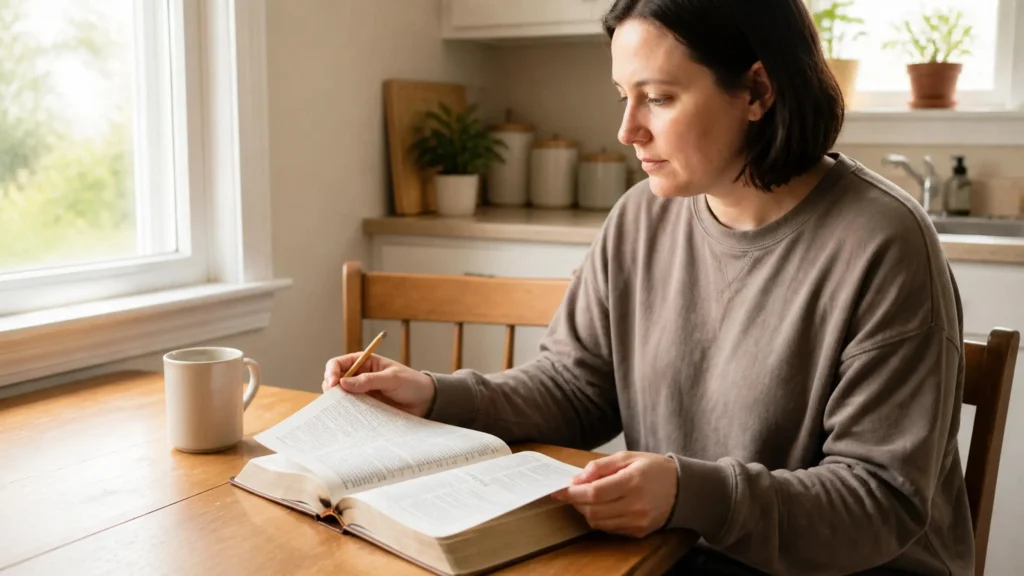 Woman calmly reading the Bible at a sunlit kitchen table